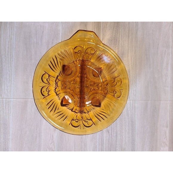 VTG Amber Glass Divided Dish – 9.5" Floral Embossed, Mid-Century Serving Tray - Picture 1 of 5